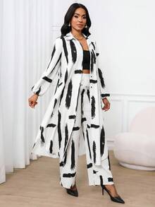 SHEIN Lady 春夏秋冬休闲优雅工作彩色编织衬衫领主教袖口袋长袖套装度假两件套教堂服装女士办公室服装女士夏季服装，两件套夏季服装 - 黑與白 - 查看 4
