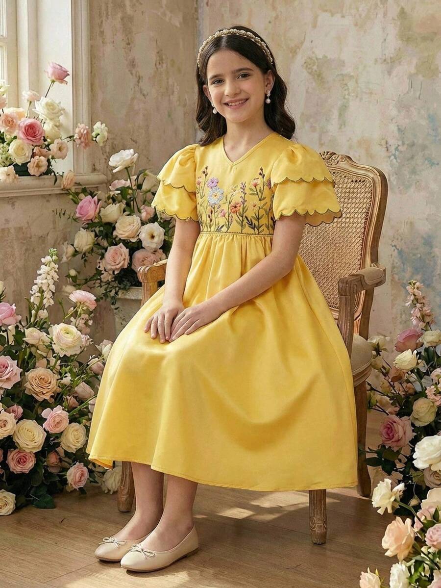 少女优雅V领印花荷叶袖A字连衣裙 - 黃色 - 查看 1