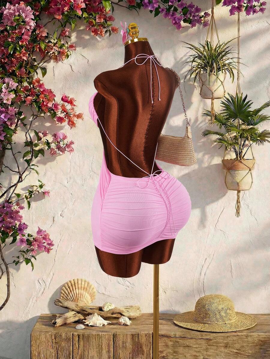 Amplova 2026新款度假风低胸露背性感迷你连衣裙 - 粉色 - 查看 1