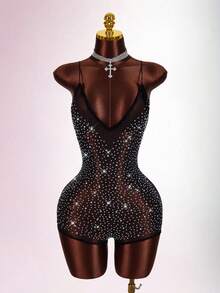 Amplova 2026 New V-Neck Rhinestone Embellished Jumpsuit For Women - Black - View 3