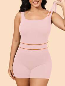 Snug Zone Plus Size Women Solid Color Ribbed Camisole Bodysuit With Shorts - Pink - View 3