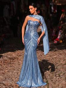 Glamrae Elegant Blue Luxury 3D Beaded Embroidered Bandeau Mermaid Twist Wrap Slim Fit Fishtail Dress, Suitable For Dates, Vacations, Singles Parties, Weddings, Women's Evening Gown - Blue - View 7