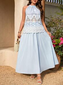 Breezaya Conjunto de 2 peças com Blusa de Decote Halter e Saia, Estilo Elegante de Férias com Bordado e Renda, Adequado para Primavera/Verão, Volta às Aulas, Férias, Formatura, Dia dos Namorados, Natal, Festival de Música, Dia das Mães, Halloween, Ação de Graças, Páscoa, Dia Nacional, Baile de Formatura, Aniversário, Encontro, Casamento, Atividades ao Ar Livre - Azul - Visão 6