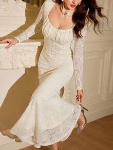 Vintamour 复古优雅女士针织提花蕾丝心形领口鱼尾修身连衣裙，适合派对、正式场合、夏季、度假、春季、春假等各种场合。优雅派对连衣裙、婚礼宾客礼服、毕业典礼礼服、正式场合礼服等，尽显优雅气质。 - 杏色 - 查看 1