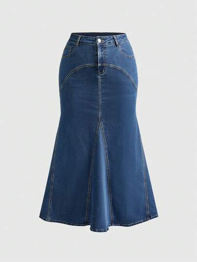 ROMWE Millennium Vintage Hippie Casual All-Match Denim A-Line Midi Skirt, Plus Size, Spring/Summer