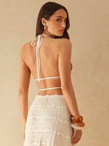 Silquee 杏色和象牙色提花波浪纹露背吊带背心，性感优雅，适合春夏穿着，也适合婚礼、派对、约会、度假和鸡尾酒会等场合。 - 杏色 - 查看 2