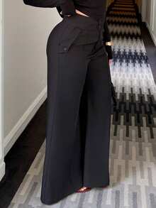 Elegant High-Waisted Flared Leg Double-Button Suit Pants For Women, Chic Urban Style, New Year's - View 4