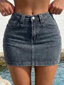 SHEIN ICON Women's Casual Washed Fitted Denim Mini Skirt, Summer - Blue - View 1