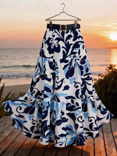 GlowEve Falda larga de línea A con cintura elástica y estampado azul y blanco, encantadora y elegante para uso diario, vacaciones, trayecto, citas de moda, calles francesas, estilo retro, /verano