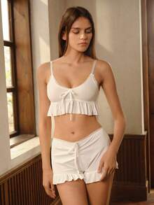 荷叶边前系带文胸和三角裤内衣套装，可爱 - 白色 - 查看 6