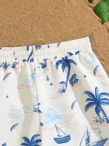 SHEIN Tween Boys White Tropical Print Woven Drawstring Waist Beach Shorts,Casual Summer Vacation Holiday Panama Surf Board Shorts For Swimming Pool Party - Beige - View 6