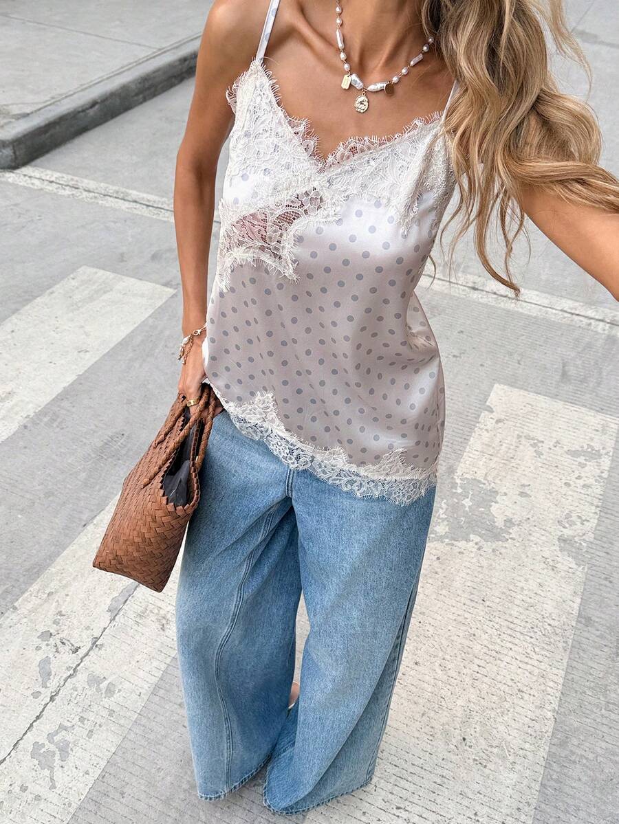 Pariaura 女士缎面波点印花蕾丝边休闲吊带衫 - 藕粉色 - 查看 1