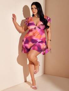 SHEIN BAE Vestido corto con degradado y volantes en el bajo para mujer talla grande, vestido de vacaciones - Multicolor - Ver 4