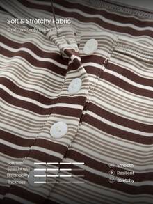 GLOWMODE Easy Day Soft Smooth Wrinkle-Resistant Striped Relaxed Fit Hip Length Curved Hem Raglan Sleeves Button-Down Top Daily Casual Wear - Brown - View 4