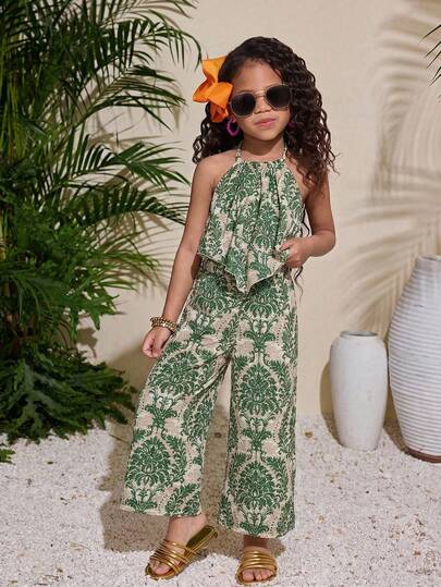 Young Girl Casual Daily Vacation Green & Yellow Floral Print Halter Neck Asymmetric Hem Top And Straight Leg Pants Set