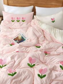 Juego de edredón bordado con tulipanes 100% poliéster de 3 piezas, que incluye 1 funda de edredón y 2 fundas de almohada (sin relleno) - Rosa Pálido - Ver 3