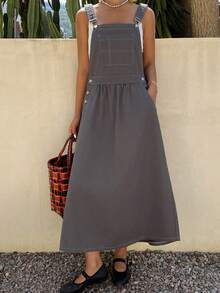 Livesso Women's Casual Denim Pinafore Dress - Grey - View 5