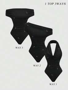 Sweetra Sexy Backless Sequin Embellished Romper, Punk Rock Style, Waist Cinching, Revealing Neckline, Versatile Shoulder Design, Sultry & Sweet, Suitable For Early Autumn - Black - View 1