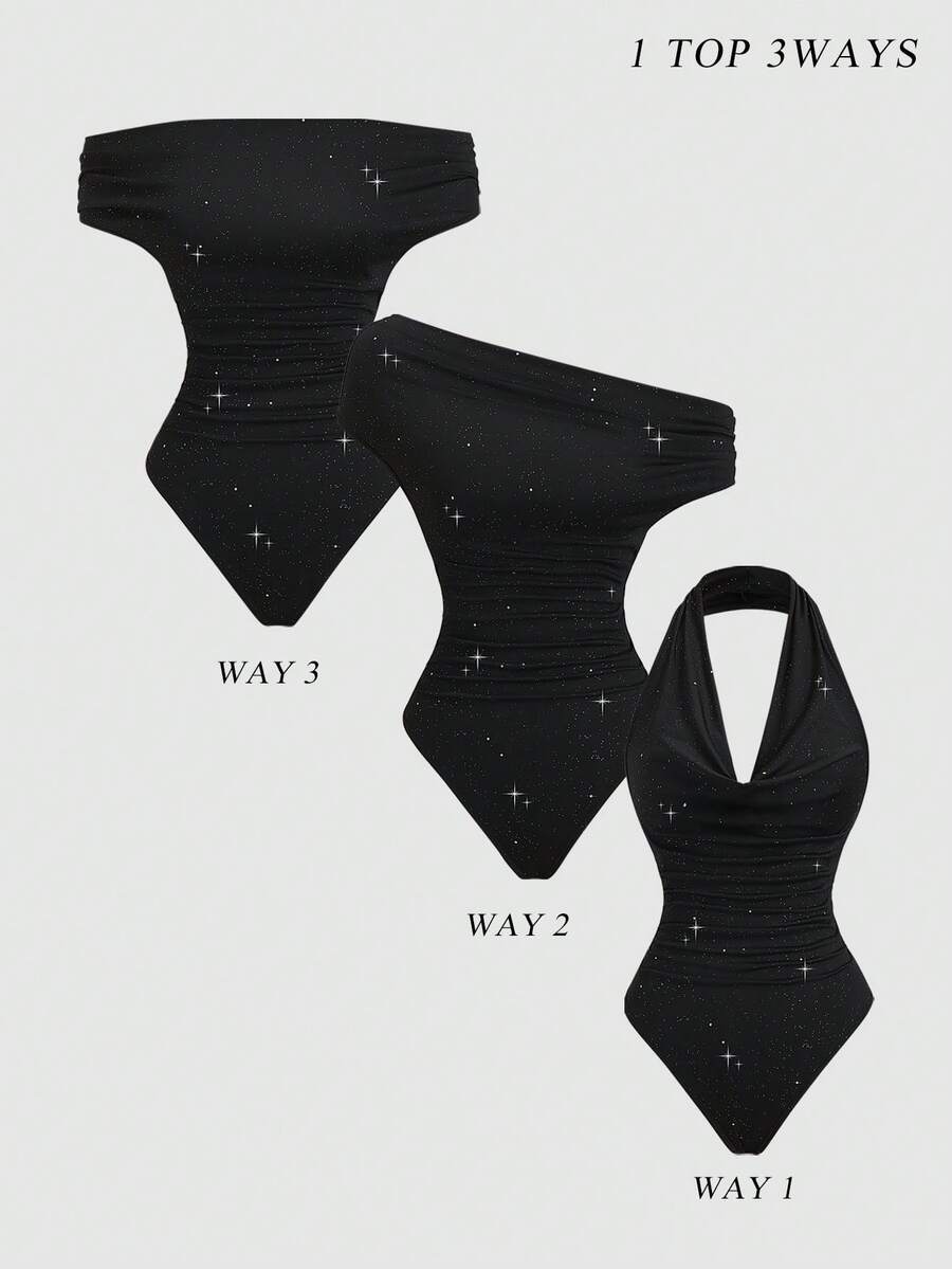 Sweetra Sexy Backless Sequin Embellished Romper, Punk Rock Style, Waist Cinching, Revealing Neckline, Versatile Shoulder Design, Sultry & Sweet, Suitable For Early Autumn - Black - View 1