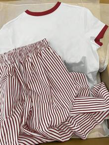 Resyla Women's Casual Bow Print T-Shirt And Striped Pants 2-Piece Set, Summer - White - View 2