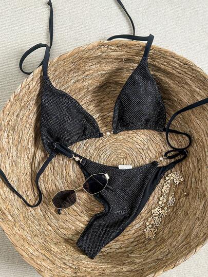 Swim Vcay Ensemble de bikini sexy avec dos à lacets, décoré de perles sur un tissu brillant. Convient pour les vacances à la plage.