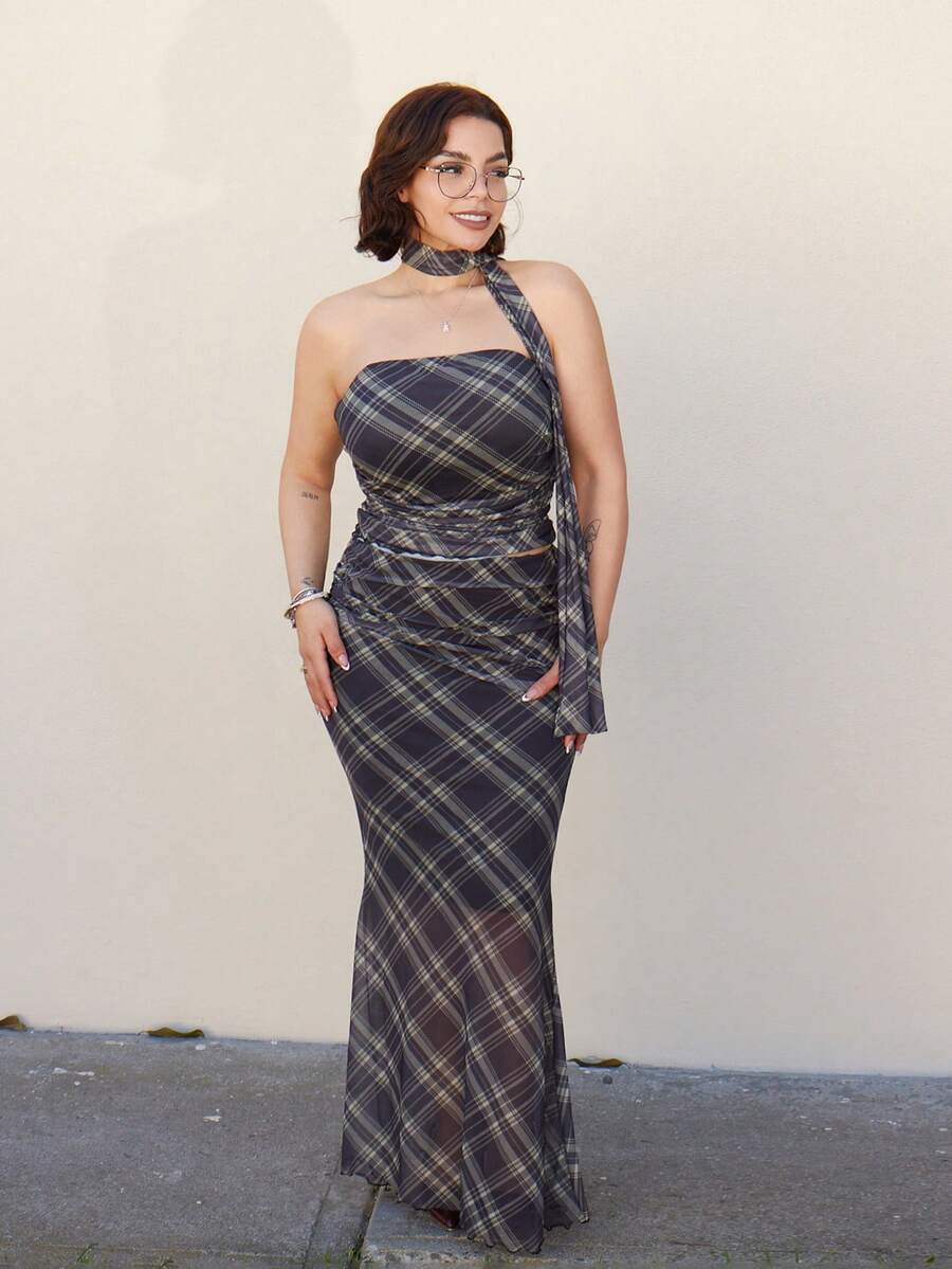 Lupita Cardoza Y2K 复古格子围巾紧身胸衣上衣和格子低腰鱼尾裙 2 件套 - 棕色 - 查看 1