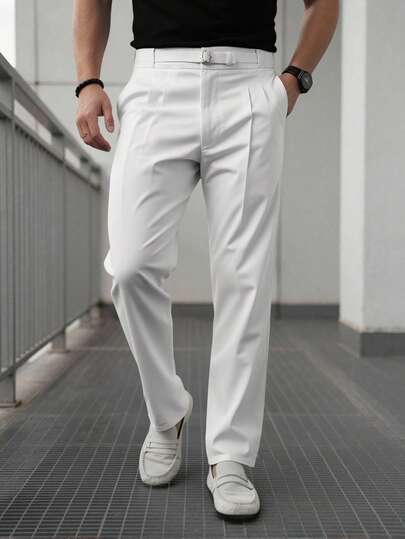 Manfinity Mode Men's Double Pleated Trousers, Business Commute Formal Pants, Casual Suit Pants, Suitable For Business And Casual Wear, Double Pleated Buckle Design, Suitable As Gift For Husband, Boyfriend Or Relatives