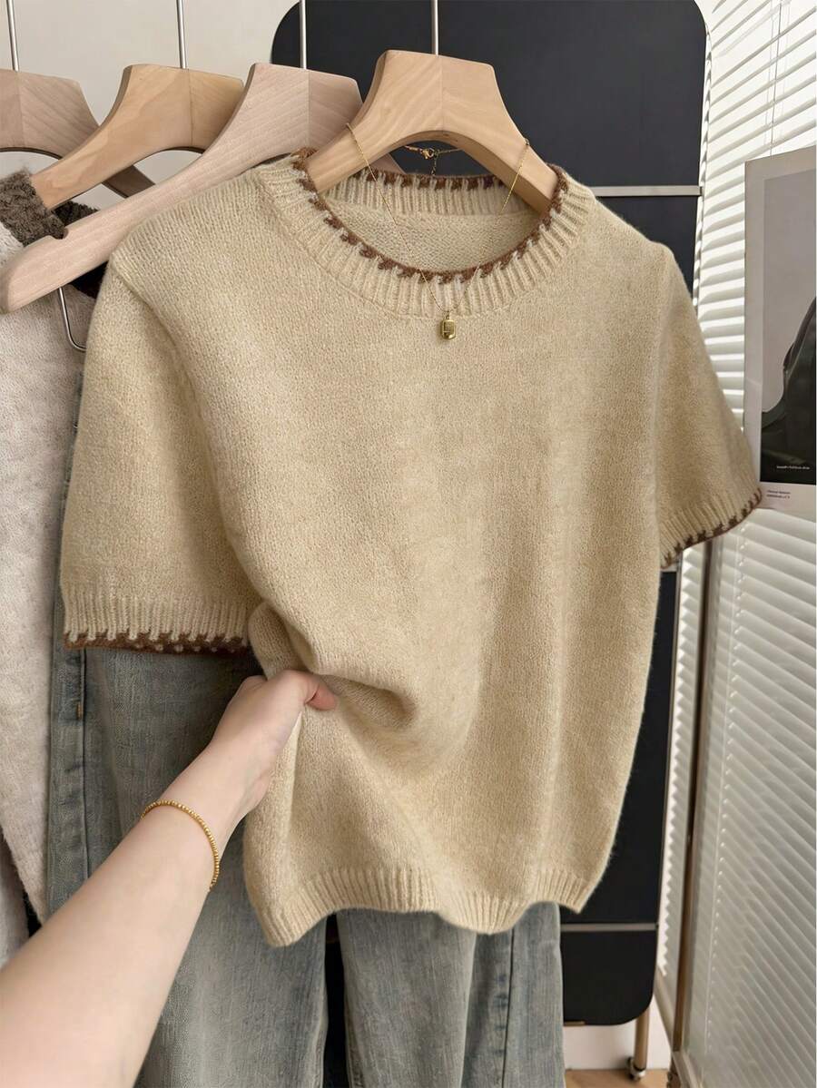 Franclia French Retro Loose Round Neck Short Sleeve Colorblock Knit Top For Women,Brown And Cream,Summer,Casual,Office Spring/Autumn Sweater Beige Blouses - Camel - View 1