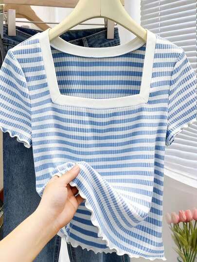 Resyla Women's Ribbed Square Neck Short Sleeve Casual Ribbed T-Shirt