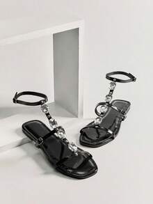 SHUZIA Sandal đế bằng nữ thoải mái, dễ thương, thích hợp cho mùa hè, đi nghỉ mát, đi chơi, trang trí đính đá. - Màu nâu Sô-cô-la - Xem 6