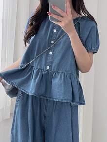 FRIFUL 女士棉质花瓣袖牛仔上衣和阔腿牛仔裤套装 - 藍色 - 查看 6