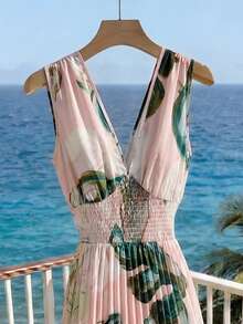 GlowEve French Elegant Casual Vacation Shirred Sleeveless Light Pink Floral Print Textured Plaid Chiffon Waist Gathered Pleated Flared Maxi Dress, Spring/Summer Pink Women Dress, Summer Dress, Polka Dot Dress, Elegant Women Summer Dress, Pink Maxi Dress, Flowy Summer Dress - Multicolor - View 5