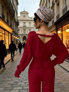 Celisse Conjunto de 2 piezas de top de manga larga con cuello superpuesto y cintura ceñida, y pantalones, elegante para otoño - Rojo - Ver 2