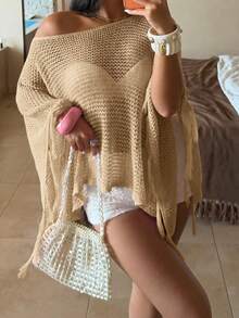 Sunnyshic Women's Pink Beach Cover-Up, Shiny Top, Sequin Sparkling Cover Up, Sexy Sheer Thin Beach Top, Tassel Fashionable Clothing For Summer Beach Party - Khaki - View 5