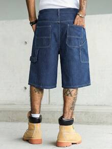 Manfinity Homme Men's Casual Striped Blue Denim Shorts - Dark Wash - View 2