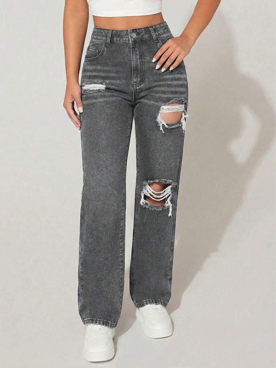SHEIN PETITE Women's Solid Color Minimalist Ripped Denim Jeans, Casual Wear ,Petite Women - Grey - View 1