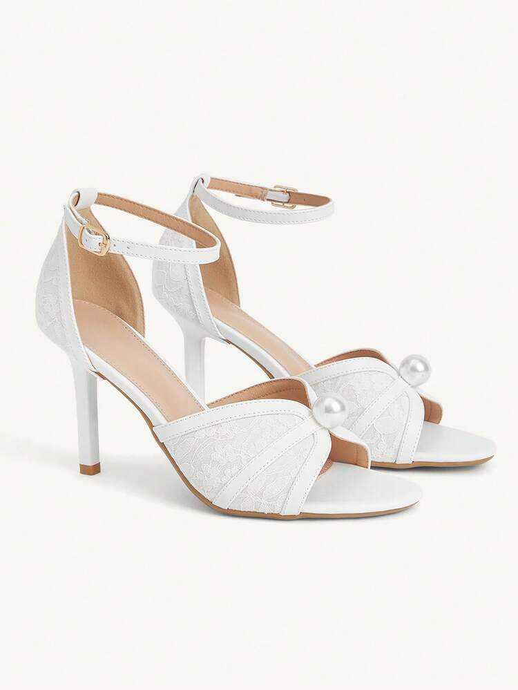 CUCCOO CHICEST Women's High Heel Sandals Round Toe 9CM Women's Elegant Thin Heel High Heel Shoes Adjustable Buckle Easy To Wear Big Pearl Decoration White Lace Peep Toe White High Heel Shoes Kitten Heel Dinner Shoes Fashion Versatile Suitable For Daily/Party/Valentine's Day Dating/Spring Festival Thanksgiving Dancing Party/Commuter Office/Outer Wear Women's Shoes