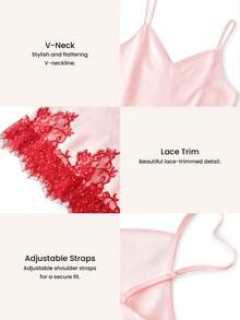 LUVLETTE Bridal Romantic Gift Pink Satin Sleep Gown - Elegant Camisole Dress With Red Lace Trim Perfect Wedding Present Lingerie Pijama Dress - Pink - View 4