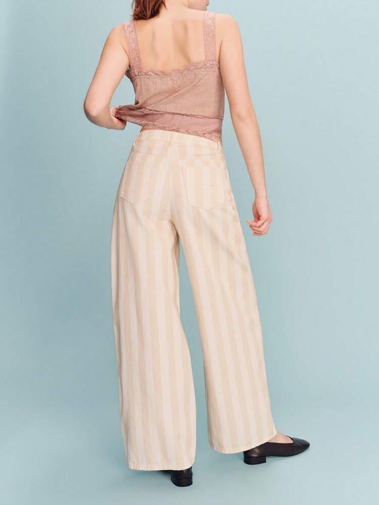 Beige Stripe High Waisted Wide Leg Jeans Spring Summer Cream Jeans Cotton Pants Office Picnic Spring Summer Vacation French Style Parisian Style