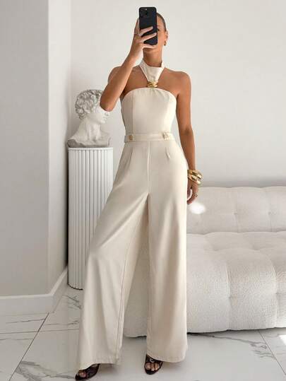Siren Gaze Women's Solid Color Halter Backless Elegant Jumpsuit, Suitable For Teachers Outfit Back To School Season