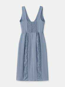 lacRébo V-Neck Satin Midi Dress With Lace Side Panels Spring Summer French Style Parisian Style Wedding Guest Dress - Blue - View 9