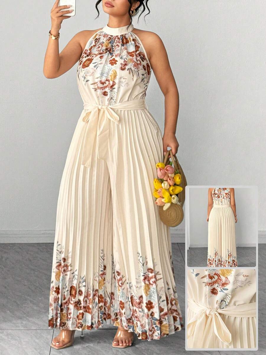 Elenzga Mono de pierna ancha con cuello de halter plisado y estampado para mujer de talla grande, estilo elegante y romántico para citas de primavera/verano. Monos elegantes y bohemios para mujer, conjuntos de ropa de vacaciones, atuendos de verano para mujer, atuendos de primavera para mujer, vestidos, atuendos de boda para mujer - Albaricoque - Ver 1