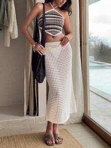 SHEIN Contrast Crochet Knit Halter Top & Solid Bodycon Midi Skirt Set - Apricot - View 3