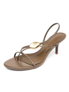 CUCCOO SZL 女士橄榄绿性感绑带金属装饰舒适圆头细高跟凉鞋，适合通勤、约会、派对等场合。 - 棕色 - 查看 5