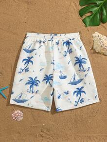 SHEIN Tween Boys White Tropical Print Woven Drawstring Waist Beach Shorts,Casual Summer Vacation Holiday Panama Surf Board Shorts For Swimming Pool Party - Beige - View 2