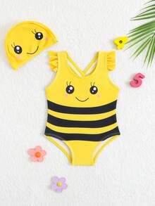 2件套新生儿蜜蜂肩部荷叶边条纹按扣连体泳衣+帽子，弹性速干舒适针织面料，适合海滩、泳池、冲浪、度假、夏季旅行 - 黃色 - 查看 1