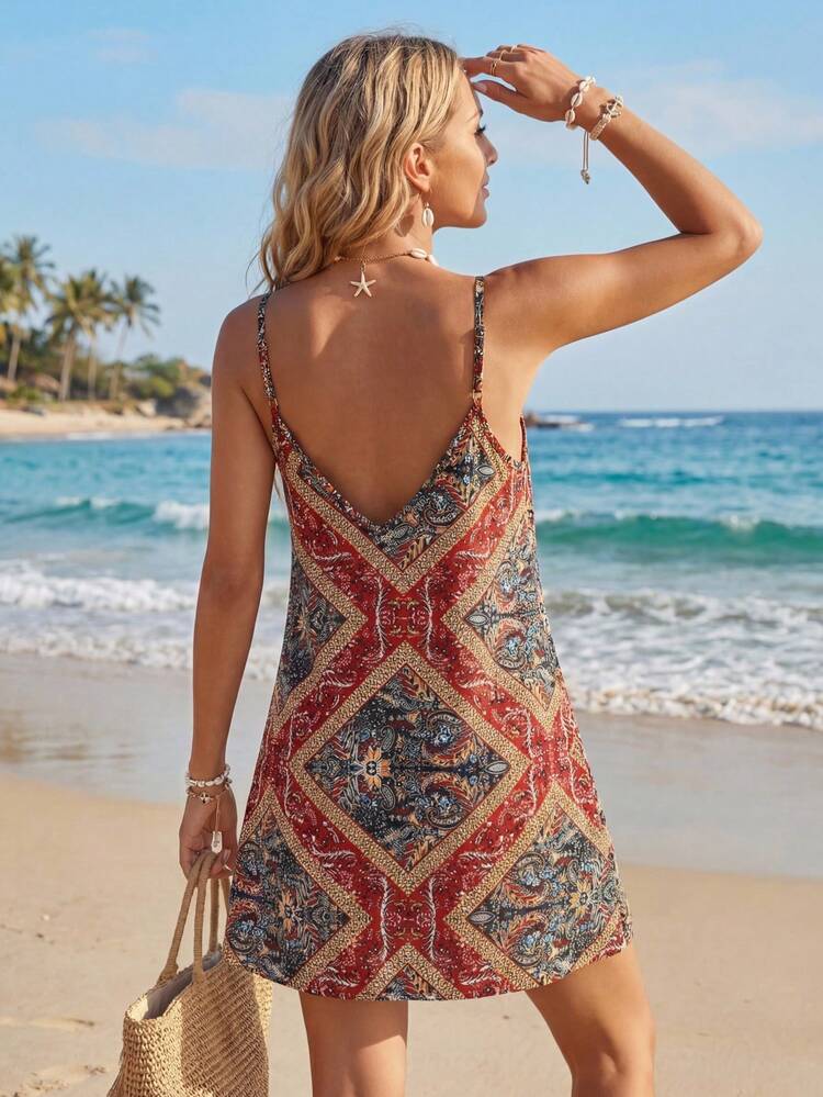 Paisley Print Boho Red Cami Summer Dress
