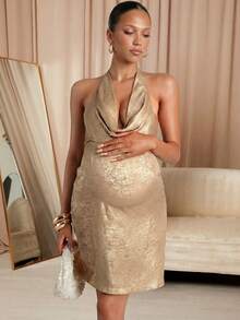 MaterniChic Vestido de maternidad con escote en pico, espalda descubierta y lazada, sexy para vacaciones y fiestas - Dorado - Ver 1