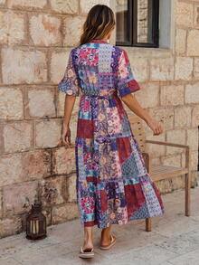 Faunlyn Women's Patchwork Pattern V-Neck Ruffle Hem Dress, Vacation Style - Multicolor - View 2