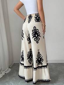 SHEIN Elenzya Quần ống rộng cạp cao in họa tiết thanh lịch dành cho nữ, thích hợp cho kỳ nghỉ xuân/hè. - Nhiều màu - Xem 2